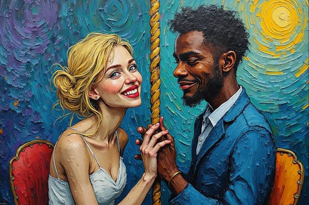 Couple Carousel Laughing Holding Hands Red Chair