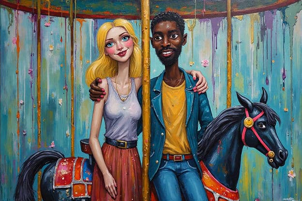 Couple Carousel Standing Arm In Arm Horse Drip Paint