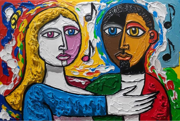 Couple Embrace Picasso Style Music Notes Colorful Palette Knife