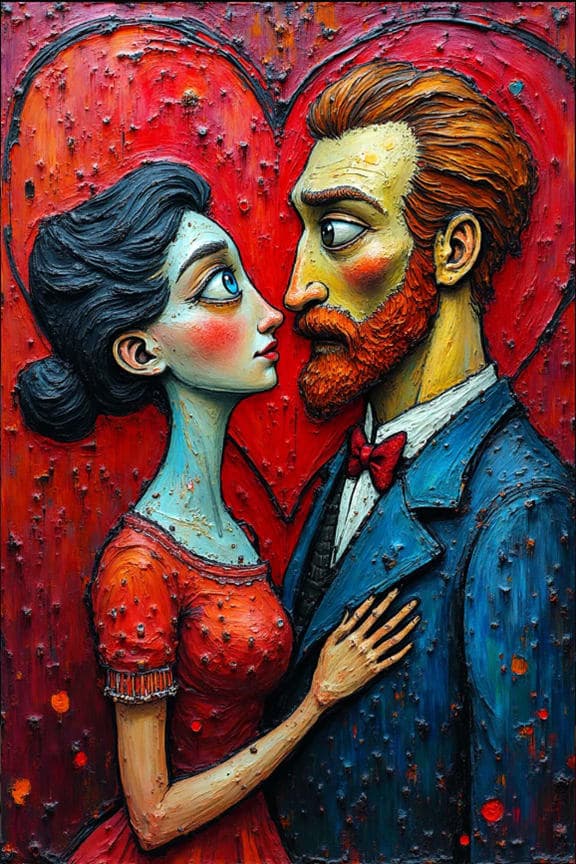 Couple Close Portrait Relief Textured Red Heart Background
