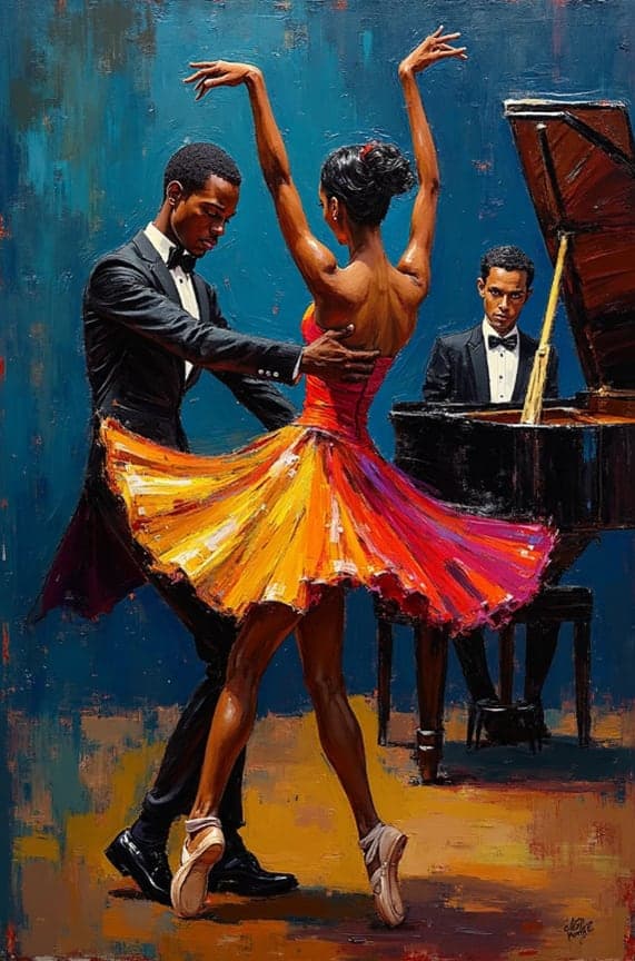 Couple Ballroom Dancing Orange Yellow Dress Pianist