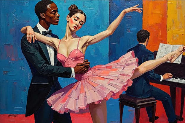 Couple Ballet Dance Lift Pink Tutu Pianist Orange Blue