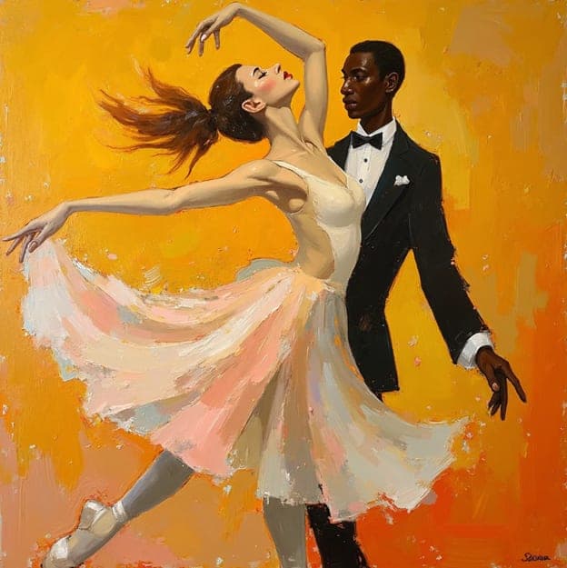 Couple Ballroom Dance Orange Yellow Background Cream Dress
