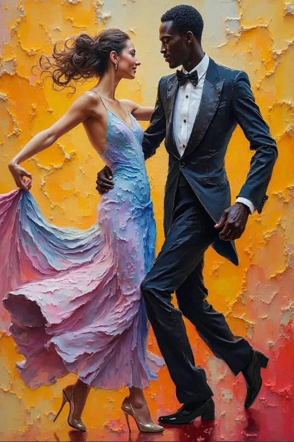 Couple Ballroom Dance Flowing Gown Golden Textured Background