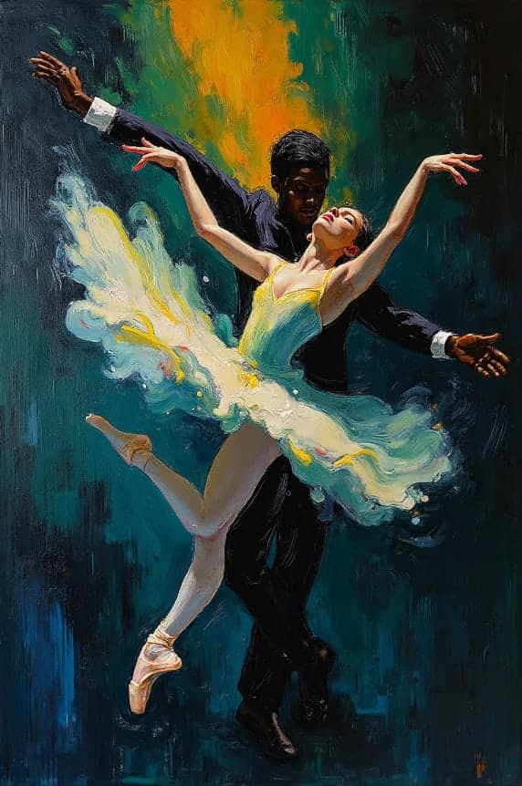 Couple Ballet Lift Yellow Tutu Dramatic Teal Background