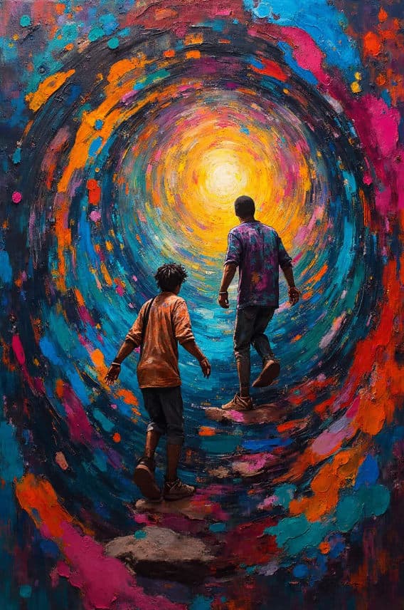 Two Figures Walking Colorful Vortex Tunnel