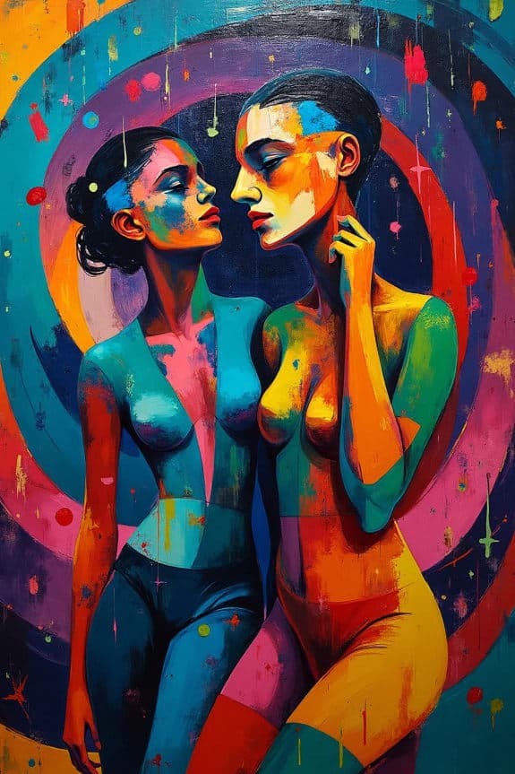 Two Women Nude Colorful Body Paint Portrait Circular Background