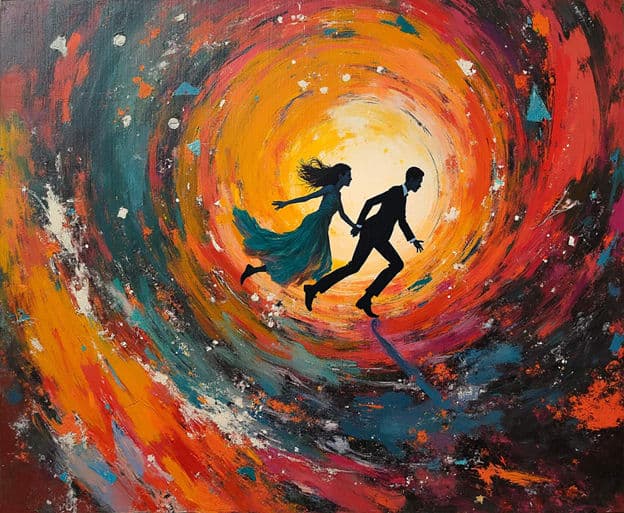 Silhouette Couple Running Fiery Orange Vortex Tunnel