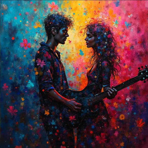 Couple Guitarist Woman Floral Splatter Colorful Background