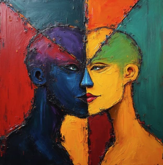 Split Face Couple Portrait Colorblock Red Teal Orange