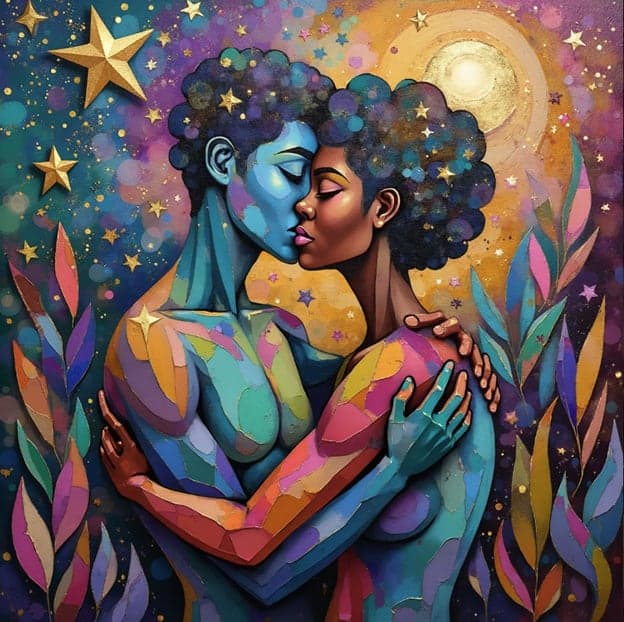 Two Women Nude Embrace Colorful Stars Floral Border