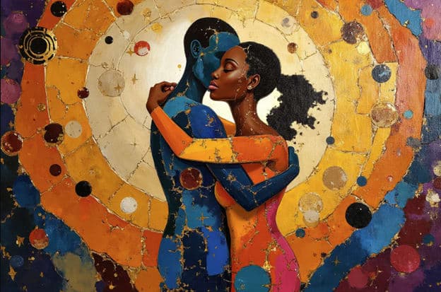 African Couple Embrace Mosaic Stained Glass Gold Halo