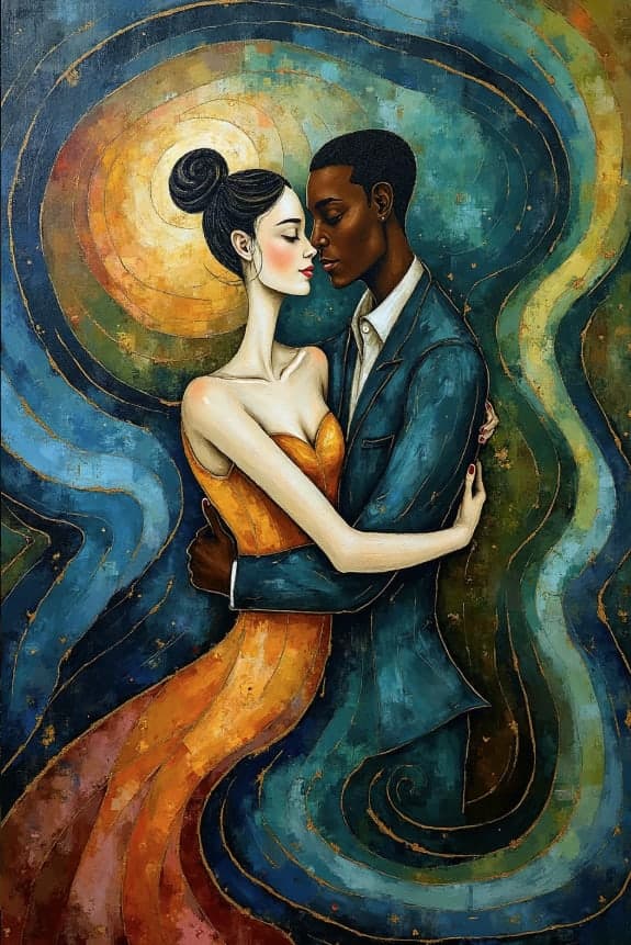 Couple Embrace Swirling Teal Gold Background Orange Gown