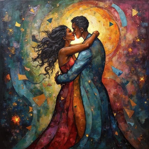 Couple Embrace Flowing Hair Cosmic Swirl Triangles Gold