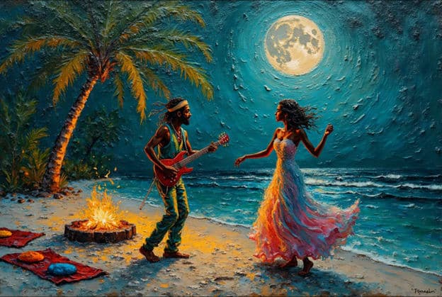 Guitarist Couple Dancing Beach Bonfire Rainbow Dress Cushions