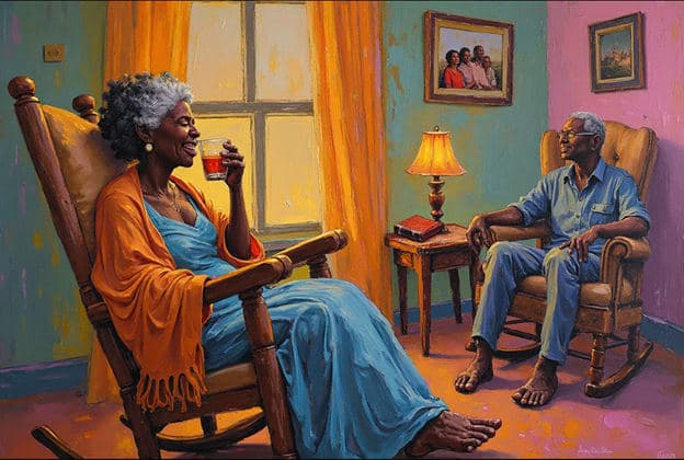 Elderly Couple Rocking Chairs Wine Toast Family Photos