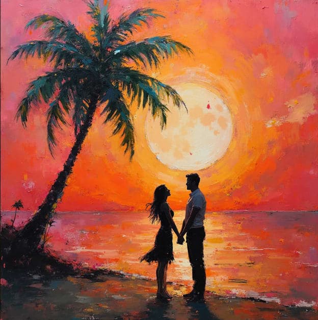 Couple Silhouette Holding Hands Beach Palm Full Moon Sunset