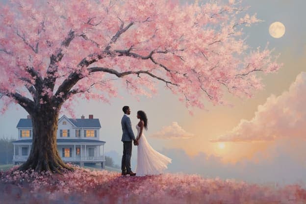 Bride Groom Cherry Blossom Tree Mansion Full Moon Lake