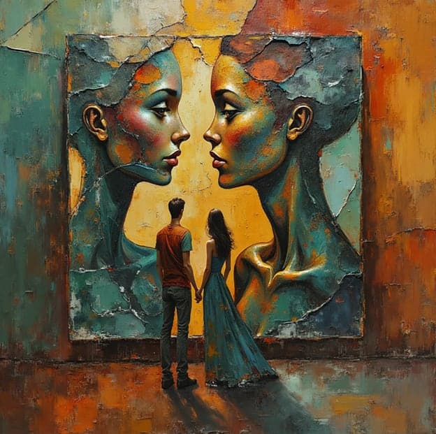 Couple Viewing Mirrored Face Mural Gallery Impasto