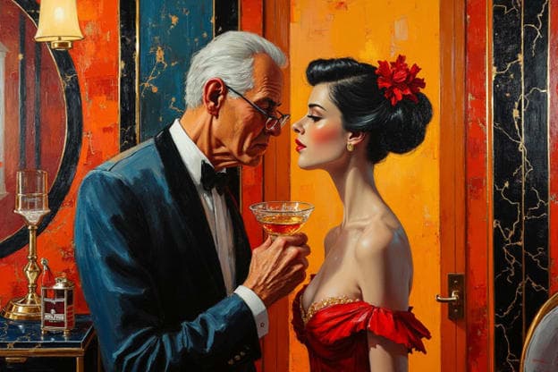 Elder Man Young Woman Cocktail Lounge Red Flamenco Dress