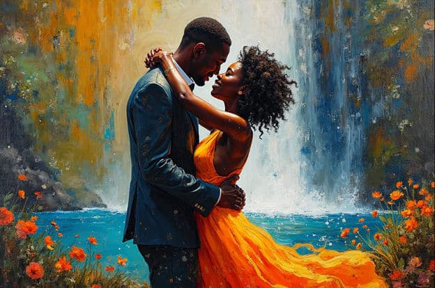 Couple Embrace Waterfall Orange Gown Blooming Flowers