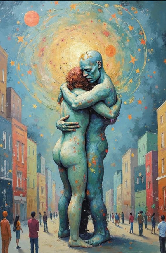 Giant Nude Couple Embrace City Street Cosmic Sunburst