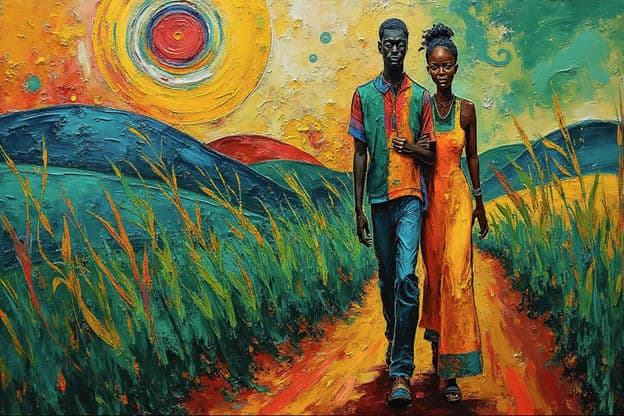 African Couple Walking Savanna Grass Sunburst Sky
