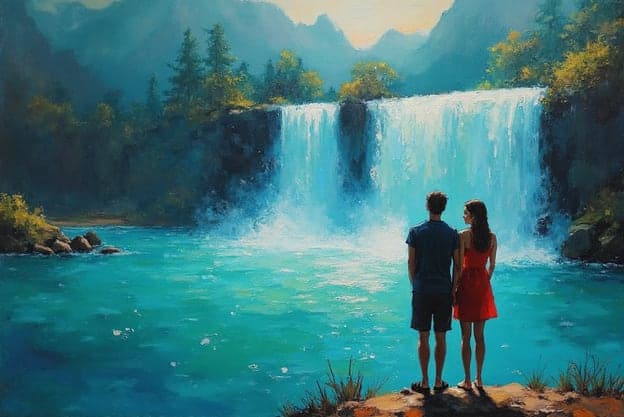Couple Back View Waterfall Overlook Red Dress