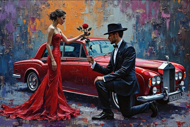 Man Kneeling Rose Proposal Red Vintage Rolls Royce Red Gown Impasto
