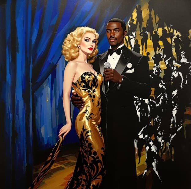 Couple Stage Microphone Tuxedo Gold Gown Silhouette Crowd