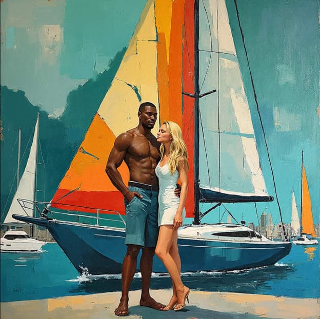 Couple Marina Sailboat Colorful Sails Shirtless Man
