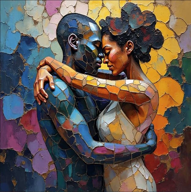 Cracked Mosaic Couple Embrace Colorblock Close Up