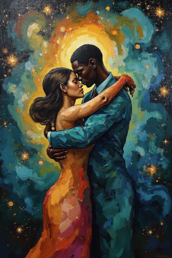 Couple Embrace Cosmic Starry Halo Teal Gown