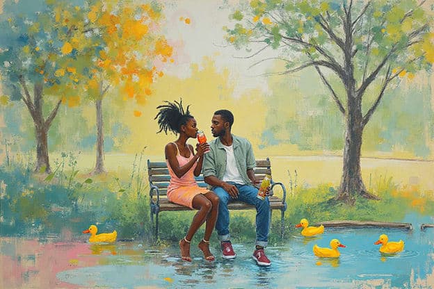 Couple Park Bench Ducks Pond Autumn Ice Cream