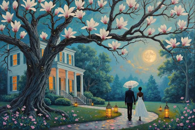 Couple Walking Magnolia Tree Mansion Full Moon Umbrella