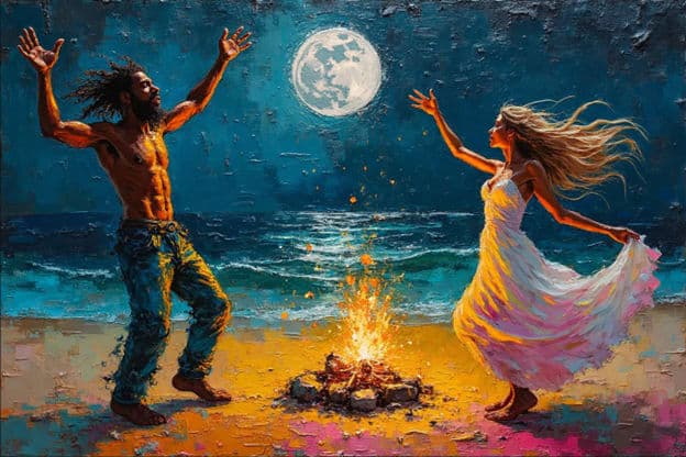 Couple Dancing Beach Bonfire Raised Arms Full Moon