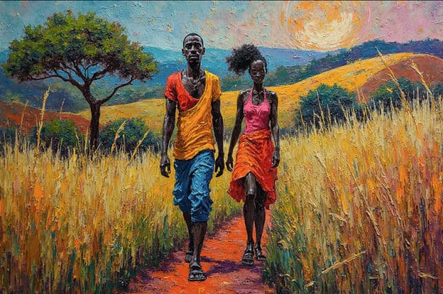 African Couple Walking Savanna Path Golden Field Full Moon