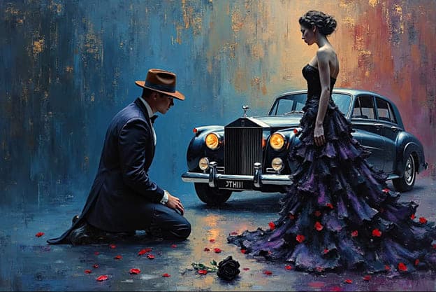 Man Kneeling Rose Proposal Vintage Rolls Royce Dark Gown
