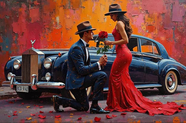 Man Kneeling Rose Proposal Vintage Rolls Royce Red Gown