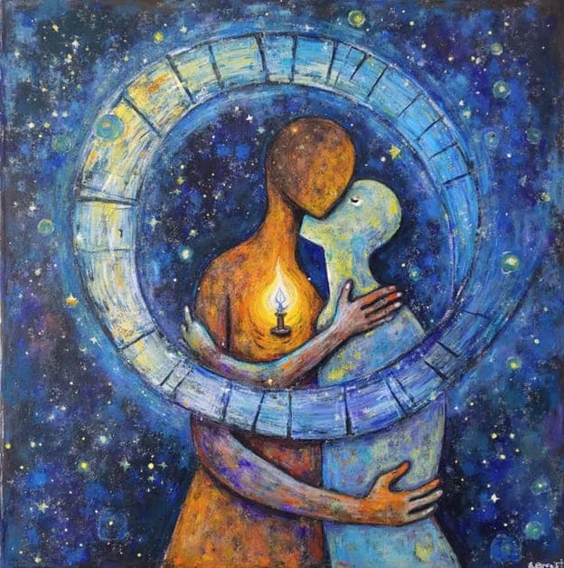 Couple Embrace Circular Halo Candle Starry Night