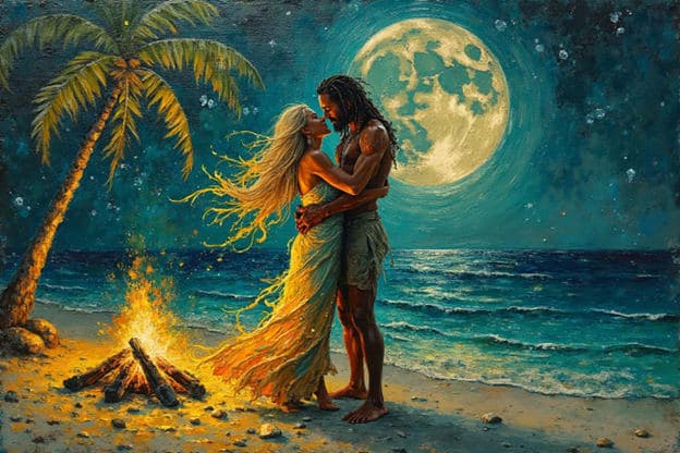 Couple Embrace Beach Bonfire Full Moon Palm Tree