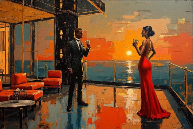 Couple Rooftop Lounge Sunset City View Red Gown Cocktails