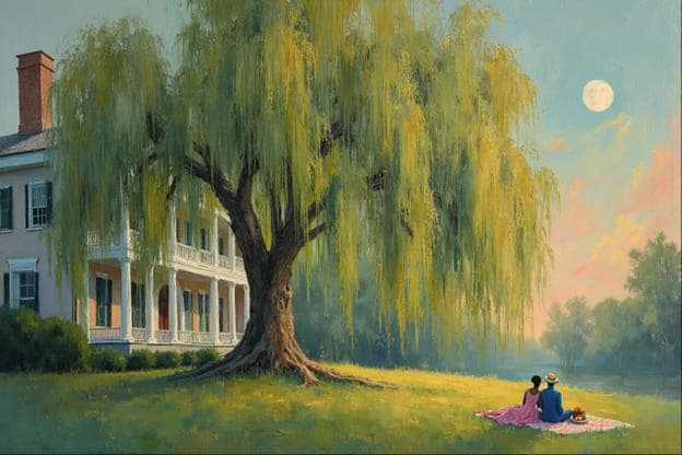 Couple Picnic Blanket Willow Tree Colonial Mansion Full Moon