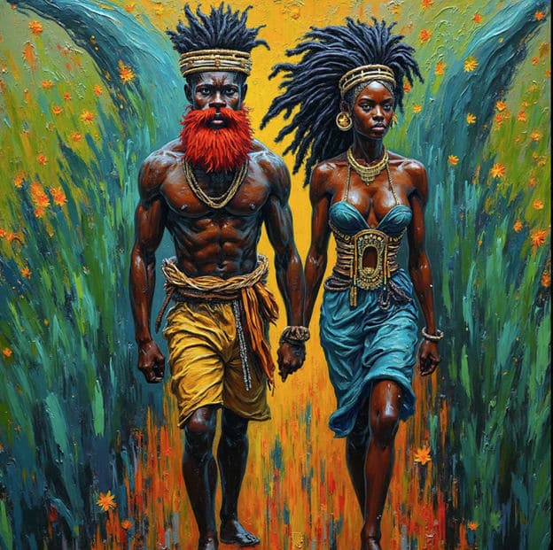 African Couple Walking Tribal Headdress Golden Field
