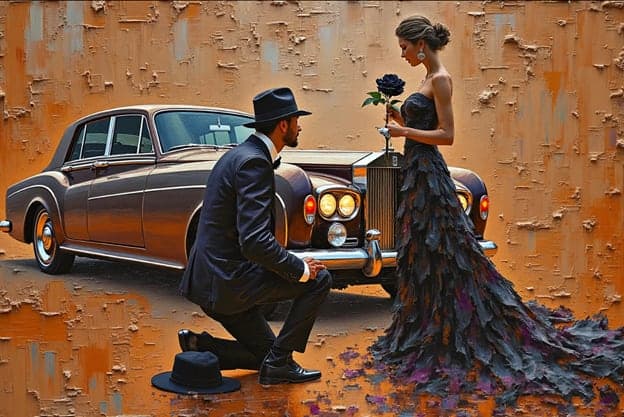 Man Kneeling Rose Proposal Black Rose Vintage Rolls Royce Weathered Wall