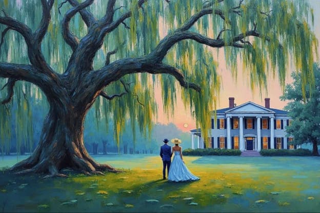 Couple Walking Weeping Willow Tree Mansion Sunset