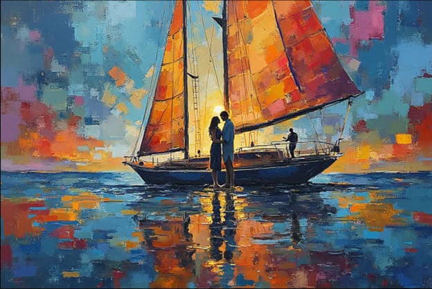 Couple Embrace Sailboat Orange Sails Impasto Sunset