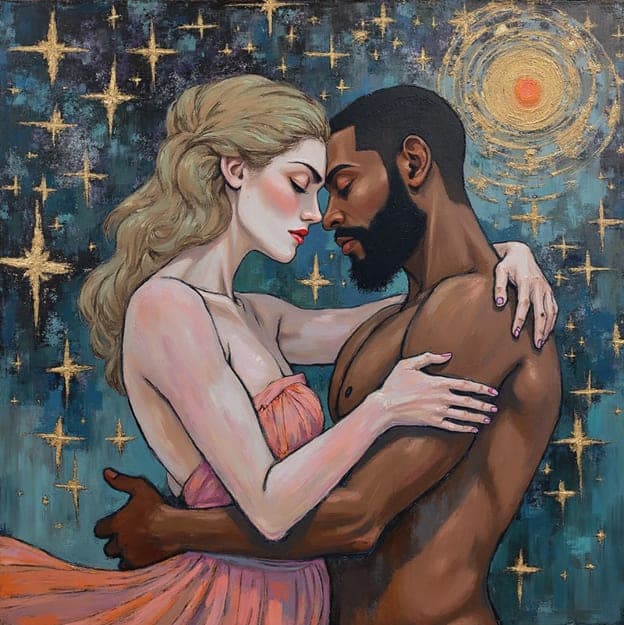 Couple Embrace Portrait Starry Gold Halo