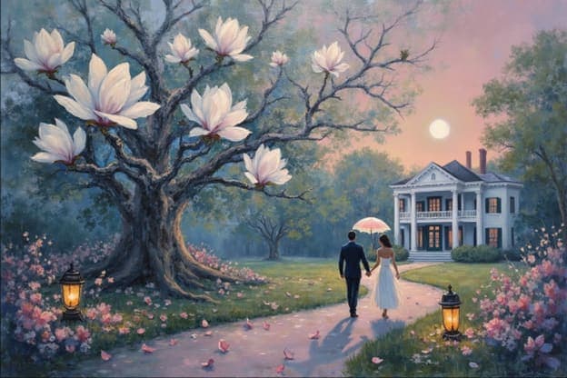Bride Groom Magnolia Tree Umbrella Mansion Full Moon Lanterns