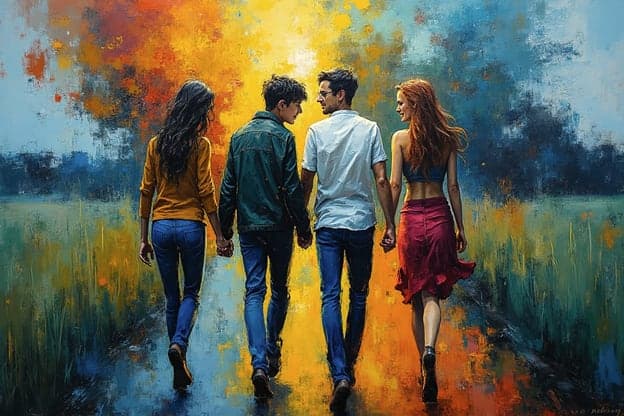 Four Friends Walking Colorful Field Holding Hands